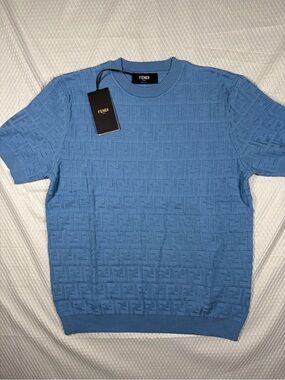 Fendi Men’s Blue FF Monogram Knit Short Sleeve Sweater Shirt Medium Regular Fit
